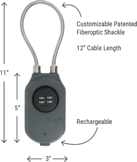 Rechargeable, Customizable Patented Fiberoptic Shackle, 12 inch Cable Length, 11 inch height, 3 inch width, and 5 inch lock body.